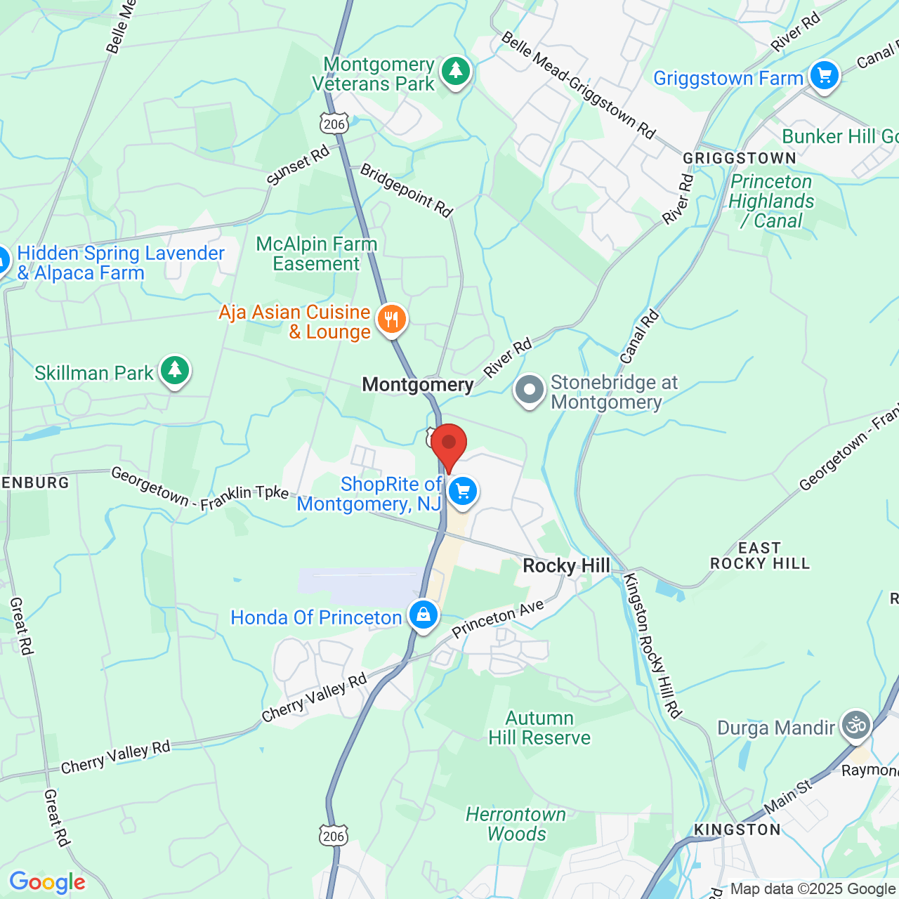 Google map image of our location in 15 Tamarack Cir Skillman, NJ